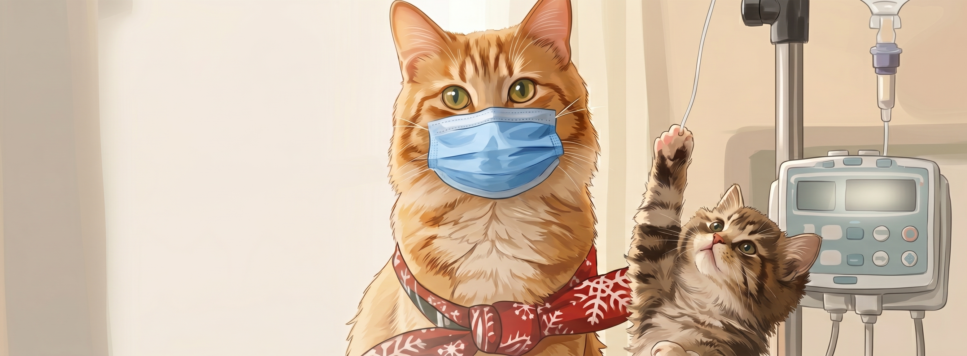 Illustrated cats in a medical setting